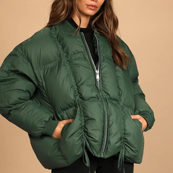 Lulus Ski Slopes Dark Green Oversized Puffer Jacket Large - Picture 2 of 6
